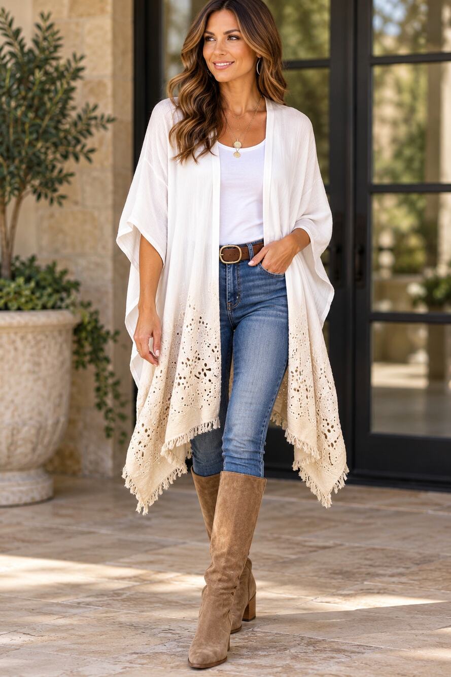 J. Jill Modal Silk Blend Kimono Cardigan White Eyelet Lace Fringe OS